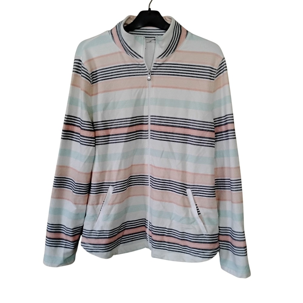 Talbots Womens Full Zip Stripe Sweatshirt Mock Neck Pink Teal Navy Large